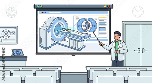 Doctor presenting MRI scan in classroom, medical education, advanced technology