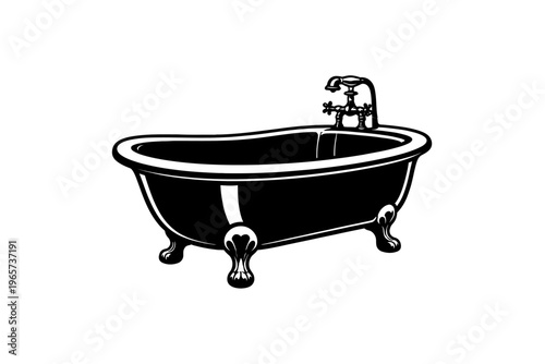 Black freestanding clawfoot bathtub with faucet on white background