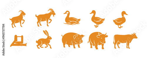 Set of icons representing farm animals like a rooster, quail, turkey, goat, duck, hare, pig, and cow illustrated on a beige surface