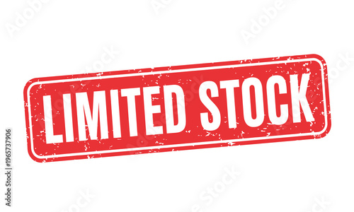 Limited stock red stamp with white text on plain background image