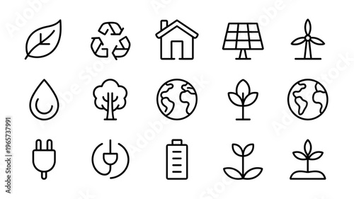 Minimal Ecology Line Icon Set  Sustainability, Green Energy and Environment Symbols