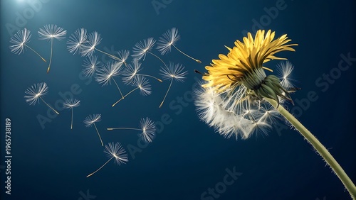 Dandelion Seeds Flying in the Wind Against a Dark Blue Sky dispersal