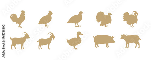 A set of farm animal icons featuring a rooster, quail, turkey, goat, duck, hare, pig, and cow, all drawn against a beige background.
