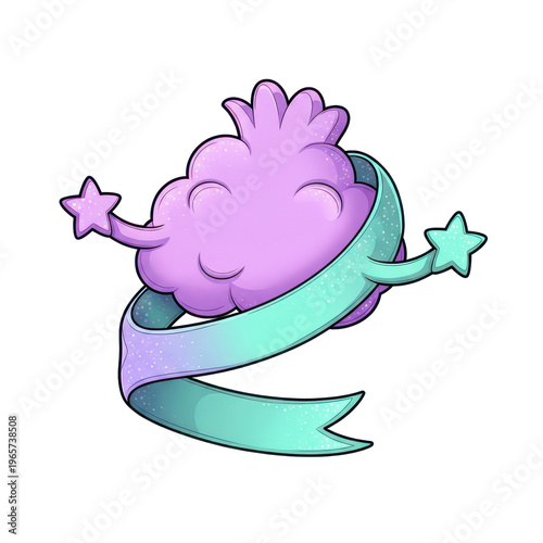 Whimsical purple cloud with pastel ribbon and stars