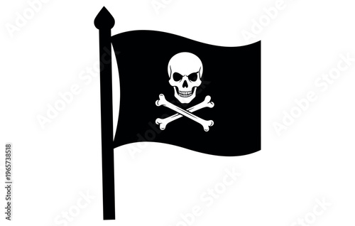 A black pirate flag with a white skull and crossbones symbol
