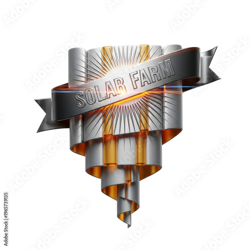Shiny solar farm emblem with metallic ribbon