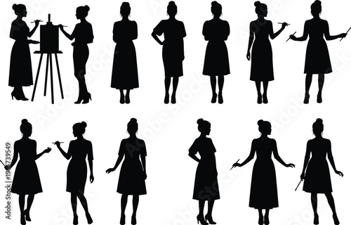 Black silhouettes of female artists painting on canvas, standing in various poses, holding brushes, creative women illustrators isolated on white background