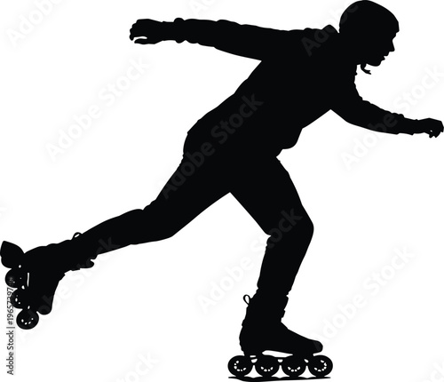 A person wearing rollerblades performs a trick on a smooth surface in a park.