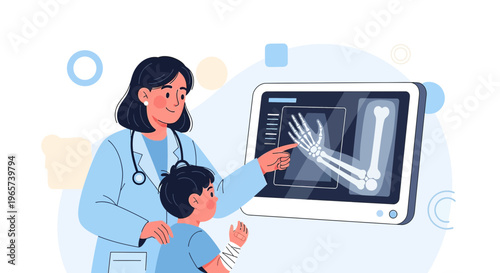Doctor showing child's X-ray of broken arm on screen, medical consultation