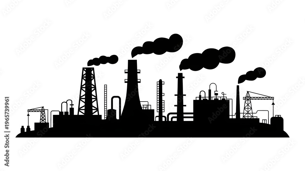 Fototapeta premium Industrial factory silhouette polluting air with smoke