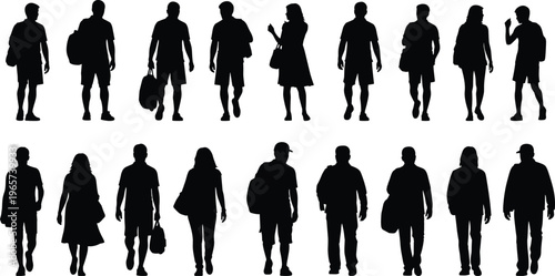 Set of People Walking Silhouettes featuring Men and Women with Backpacks and Bags for Travel Commuting Tourism and Urban Lifestyle