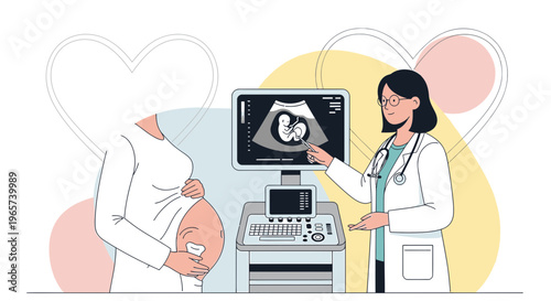 Doctor shows pregnant woman ultrasound image of baby on screen, pregnancy checkup