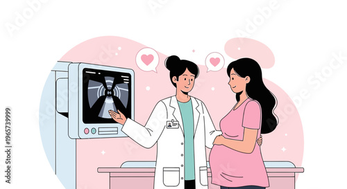 Doctor shows pregnant woman ultrasound image of baby, healthcare concept