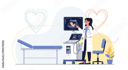 Doctor shows ultrasound image of fetus to expectant mother in clinic