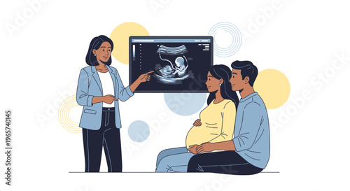 Doctor shows ultrasound of baby to expectant parents, pregnancy healthcare concept