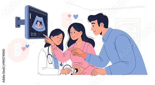 Doctor shows ultrasound of baby to expectant parents, happy family moment