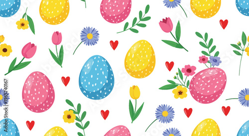 Easter seamless pattern with colorful spotted eggs tulips and spring flowers on white background perfect for greeting cards holiday textiles and wrapping paper.