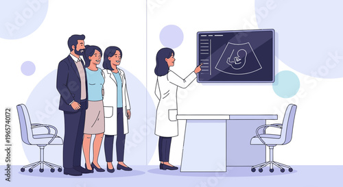 Doctor shows ultrasound of fetus to expectant parents in clinic