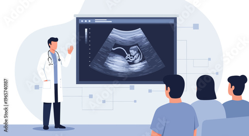 Doctor shows ultrasound of fetus to expectant parents, medical consultation, pregnancy care