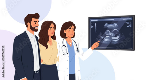 Doctor shows ultrasound scan of baby to happy expectant parents, pregnancy, medical consultation