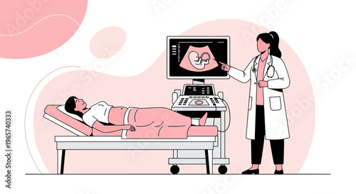 Doctor shows ultrasound scan of pregnant belly to patient, medical examination
