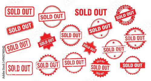 Collection of red sold out stickers and labels in various shapes and sizes