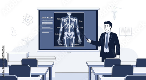 Doctor teaching anatomy with X-ray skeleton projection in classroom