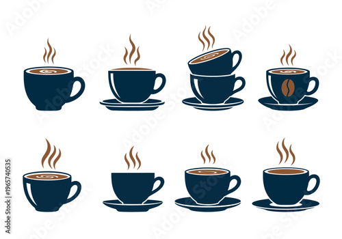 Eight steaming dark blue coffee cups on white background illustration