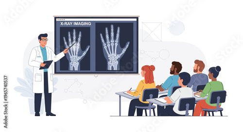 Doctor teaching X-ray imaging of hand bones to diverse students in classroom