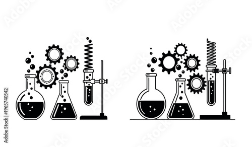 Black and white illustration of laboratory equipment with gears and mechanisms