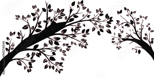 The image shows a silhouette of tree branches with leaves against a white background. The branches are dark, creating a stark contrast with the background. The overall impression is a simple, graphic 