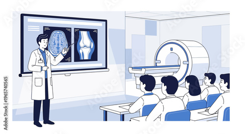 Doctor teaching medical students about MRI and X-ray scans in a classroom with MRI machine