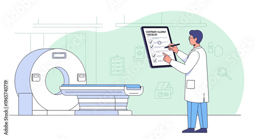 Doctor with Checklist near CT Scanner, Medical Examination Concept