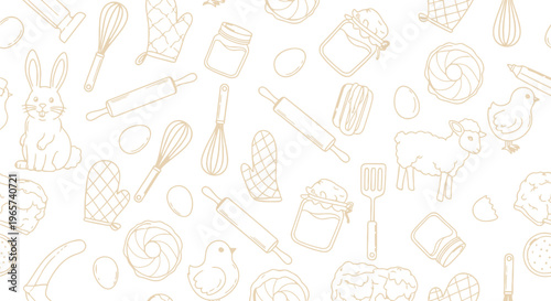 Hand drawn baking and easter line art seamless pattern with bunny chick sheep and kitchen tools on white background for bakery branding and coloring pages.