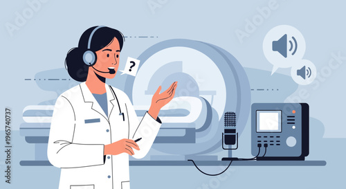 Doctor with headset and microphone explains MRI scan procedure near equipment
