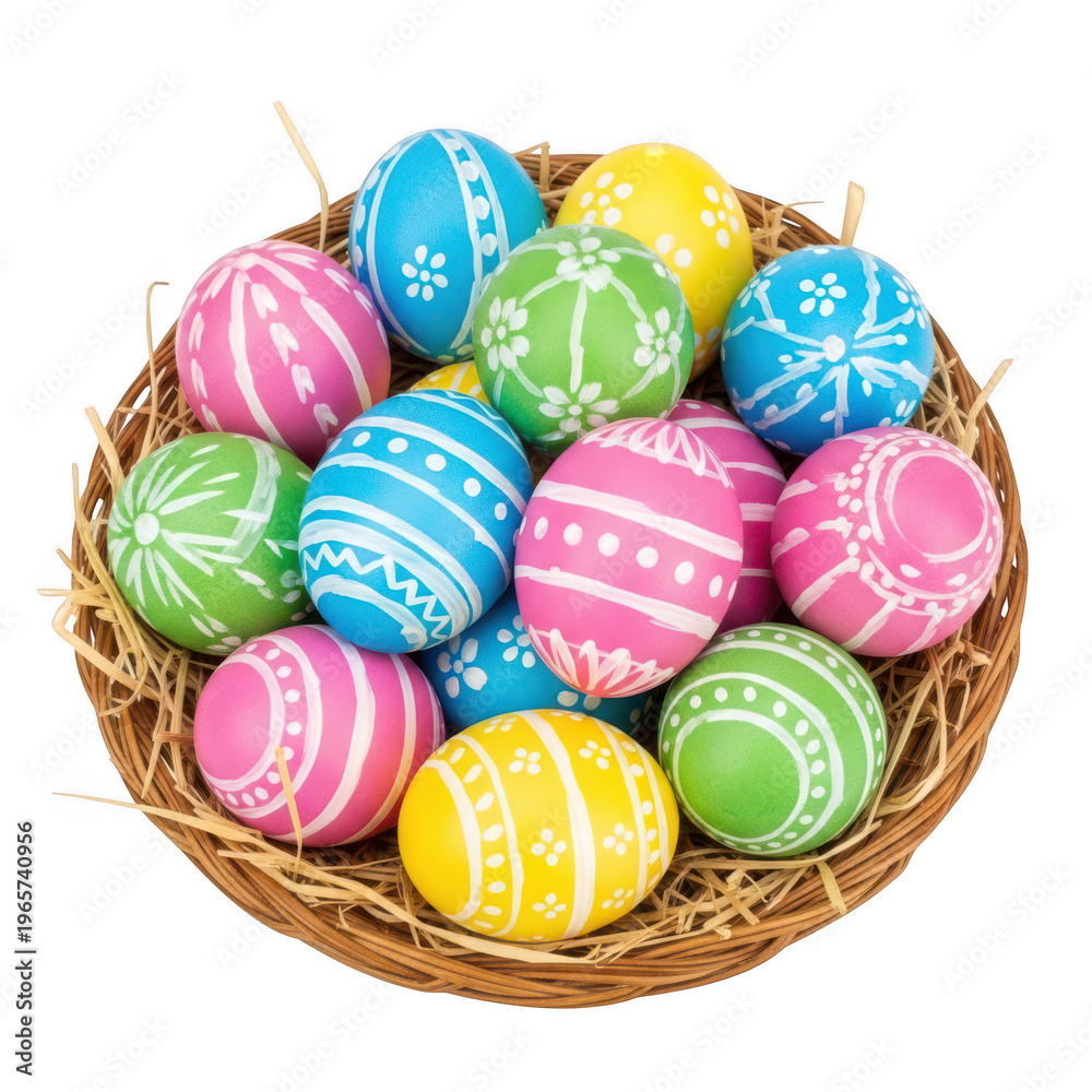 Fototapeta premium A collection of colorful hand painted easter eggs arranged neatly inside a woven straw basket isolated on transparent background