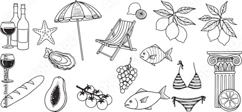 A delightful hand-drawn collection of summer vacation essentials, including refreshing food, drinks, beach accessories, and leisure items, perfect for holiday-themed designs