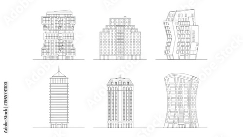 Diverse architectural building outlines modern skyscrapers and classic urban structures