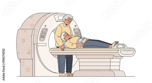 Elderly patient undergoing CT scan with medical professional assisting