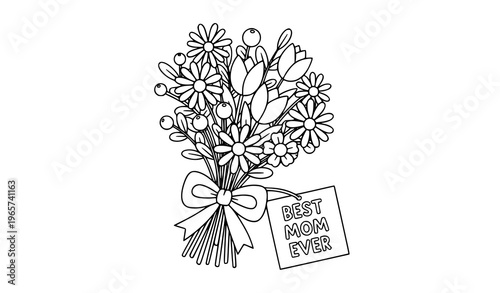 Cute Mothers Day bouquet coloring page with bow and best mom message for kids activity