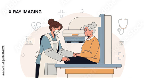 Elderly Woman Undergoing X-Ray Imaging Procedure with Medical Professional