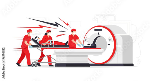 Emergency Medical Team Rushing Patient to CT Scan Machine for Urgent Diagnosis
