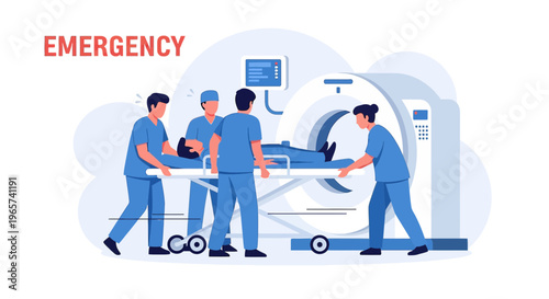 Emergency Medical Team Transporting Patient to CT Scan Machine for Urgent Diagnosis