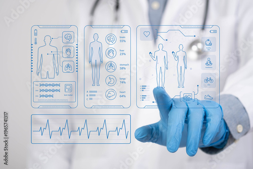 Doctor hand touching digital healthcare dashboard displaying human body analytics, organ monitoring and ECG waveform. Concept of medical technology, health data analysis and smart healthcare system.