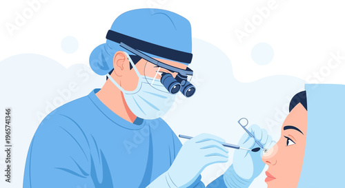 ENT Doctor Performing Nasal Examination with Magnifying Loupes and Instruments