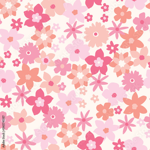A soft and elegant seamless floral pattern featuring tiny pink and white blossoms scattered across pastel backgrounds. The design includes three colour variations from cream to rosy pink. Hand drawn