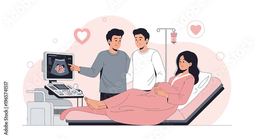 Gay couple joyfully watches ultrasound of baby with pregnant partner in clinic