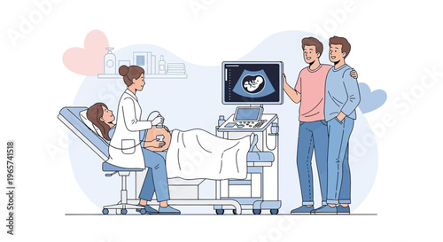 Gay couple joyfully watches ultrasound of baby during pregnancy checkup with doctor