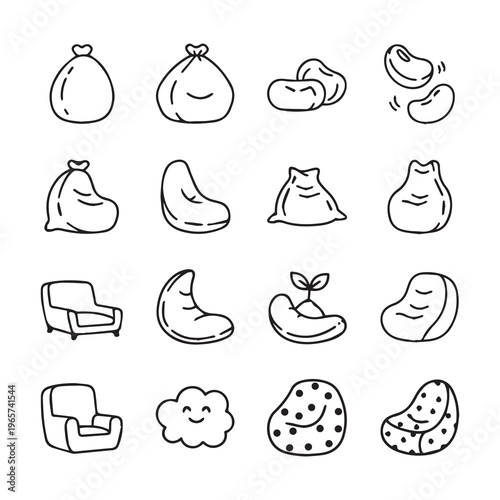 Bean Bag Chairs and Poufs Collection Various Shapes and Styles Simple Line Art Icons Isolated on White Background