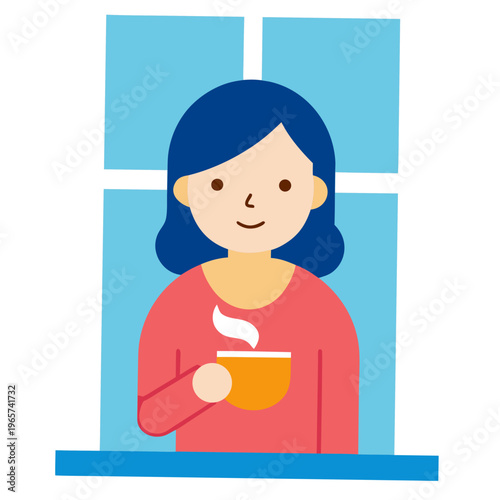 Vector woman holding coffee cup, smiling female with blue hair, morning routine illustration, colorful flat design